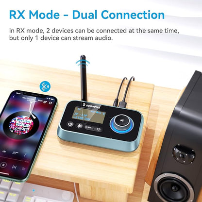SOOMFON Bluetooth Transmitter for TV 3-in-1 Bluetooth 5.0 Transmitter Receiver for TV to 2 Headphones with LCD Display Adjustable Volume, Optical AUX RCA Bypass for Home Stereo Speaker