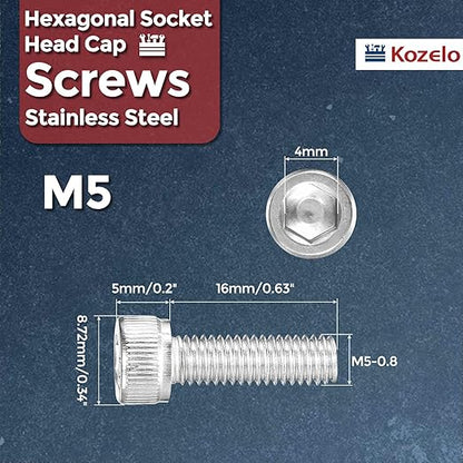 Kozelo 50pcs Socket Head Cap Screws - [M5-0.8 x 16mm] 304 Stainless Steel Allen Socket Drive for Electrical Motor 3D Printing Fan Engine Replacement Use, Silver