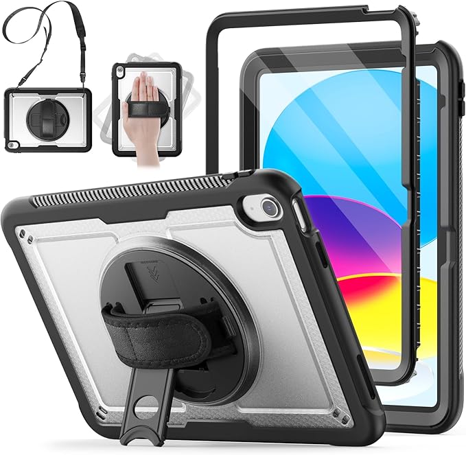 SCSVPN Case for iPad (A16) 11th Generation 11 Inch 2025 / 10th Generation 10.9 Inch 2022, Shockproof Protective Case with Screen Protector, Pencil Holder, Rotating Stand, Hand/Shoulder Strap - Clear