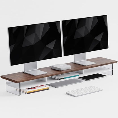 FENSULN Dual‑Tier Monitor Stand for Modern Desk Setup – Minimalist Wooden and Metal Riser Shelf with Transparent Acrylic Feet for Dual Monitors, Laptops, Home Office Aesthetic，Brown and White