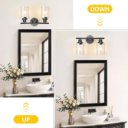 Unicozin 2 Light Vanity Lights, Black Wall Sconce Light with Clear Glass, Bathroom Light Fixtures, Wall Lights for Mirror, Living Room, Bedroom, Hallway, E26 Base (Bulbs Not Included)