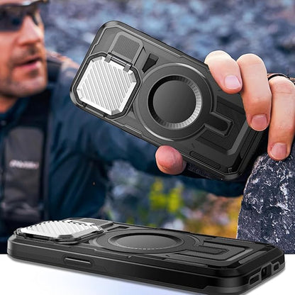 Camera Stand Case for iPhone 15 Plus, [Compatible with Mag Safe] [Lens Cover] 2024 Version Military Grade Protective Soft Case for iPhone 15 Plus 6.7 inch Men Women, Black