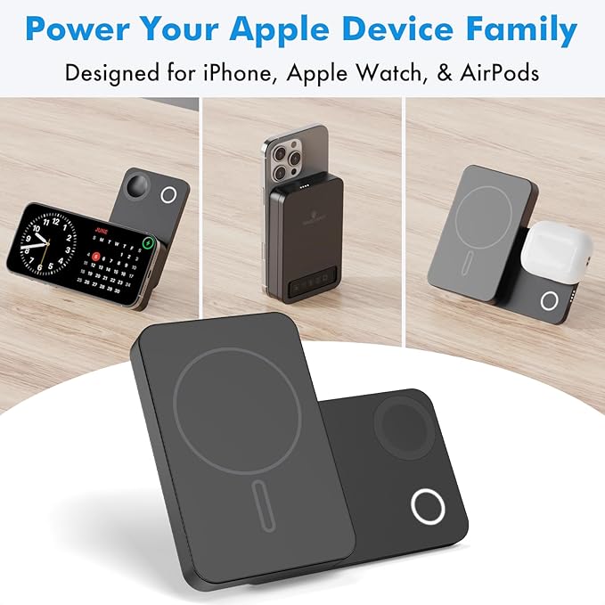 Magnetic Wireless Power Bank, 3-in-1 Portable Charger 10000mAh w/Kickstand, Battery Pack for MagSafe, Charging Station for iPhone 16/15/14/13, Apple Watch & AirPods, 15W Charger w/Stand