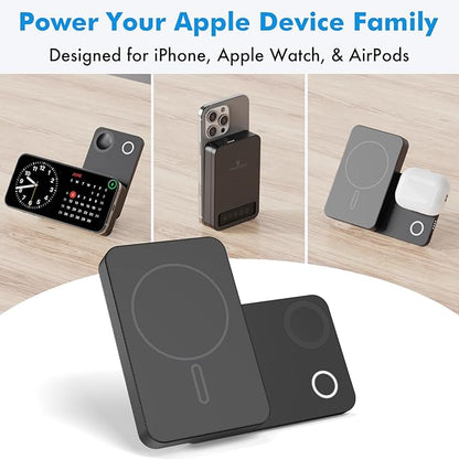 Magnetic Wireless Power Bank, 3-in-1 Portable Charger 10000mAh w/Kickstand, Battery Pack for MagSafe, Charging Station for iPhone 16/15/14/13, Apple Watch & AirPods, 15W Charger w/Stand