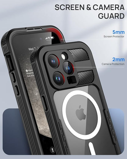 Lanhiem Magnetic for iPhone 15 Pro Max Case, IP68 Waterproof Dustproof Case, [Compatible with Magsafe] [Built-in Screen Protector] Full Body Heavy Duty Rugged Phone Cover 6.7 inch, Black/Clear