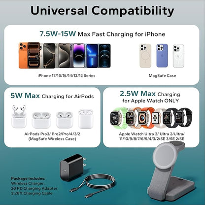 Eazpower 3 in 1 Foldable Wireless Charging Station for MagSafe, Nightstand Magnetic Charger Stand for iPhone 17 16 15 14 Pro Max, Travel Charging Dock with Night Light for Apple Watch/AirPods (Gray)