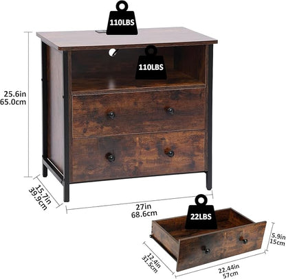 Tykacna 27 Inch Wide Night Stand, Large Wood Night Stand Set 2 with 2 Drawers, LED Nightstand with Charging Station and Adjustable Drawer, Bedside Table for Living Room/Bedroom/Study/Office, Retro.