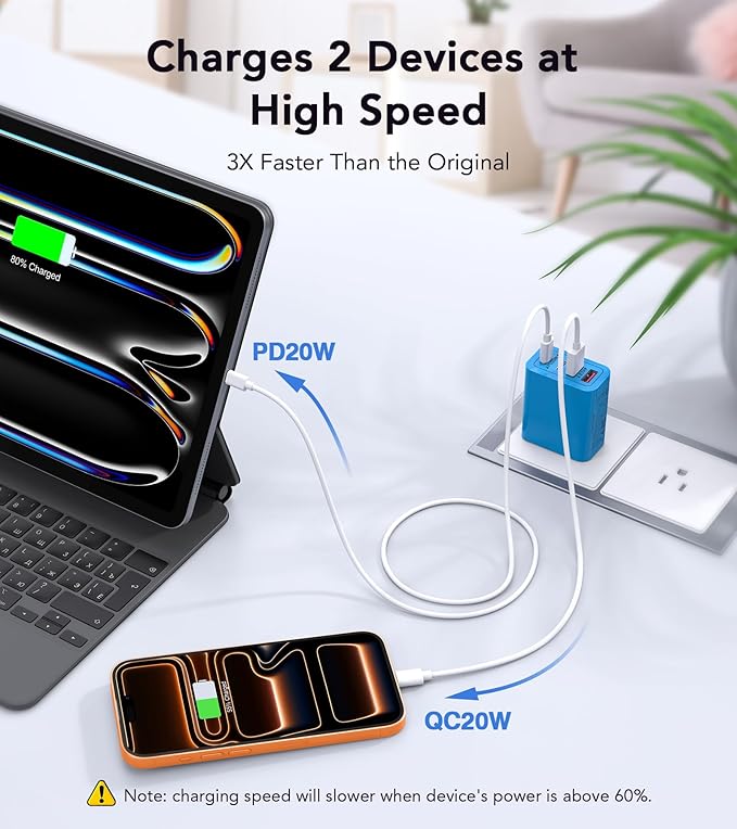 [40W/2Pack] Wall Charger,USB C Charger Block, Multi-Port PD + QC 3.0 Super Fast Charging Power Plug Adapter Brick for Watch Series 9 8 7, iPhone 17 16 15 14 13 Pro Max Airpod, Samsung Galaxy S24(Blue)