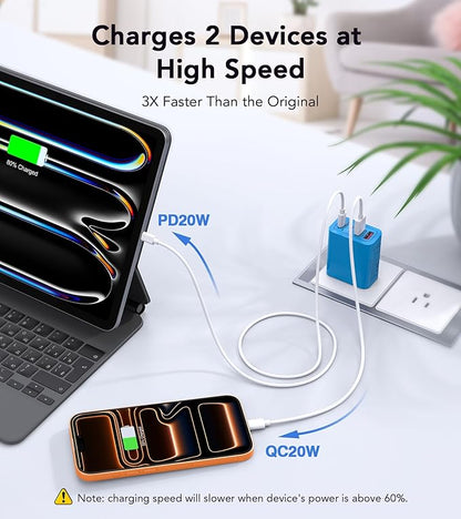 [40W/2Pack] Wall Charger,USB C Charger Block, Multi-Port PD + QC 3.0 Super Fast Charging Power Plug Adapter Brick for Watch Series 9 8 7, iPhone 17 16 15 14 13 Pro Max Airpod, Samsung Galaxy S24(Blue)