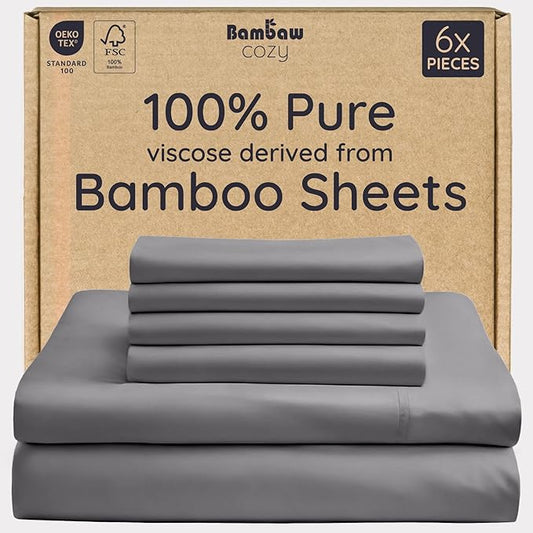 Bambaw 100% Viscose Derived from Bamboo Sheets King Size Set – 6pcs Deep Pocket King Sheets Cooling, Fits Up to 16'' with Elastic Corner Straps, Super Soft Bedding Set (Dark Gray)