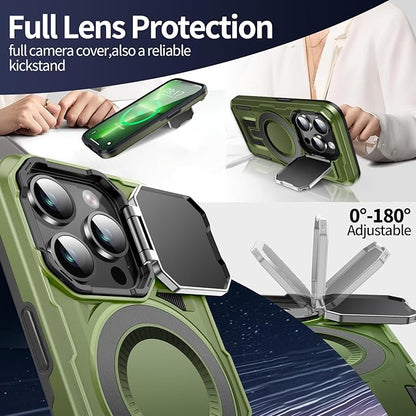 Camera Stand Case for iPhone 13 Pro, [Compatible with Mag Safe] [Lens Cover] 2024 Version Military Grade Protective Soft Case for iPhone 13 Pro 6.1 inch Men Women, Green