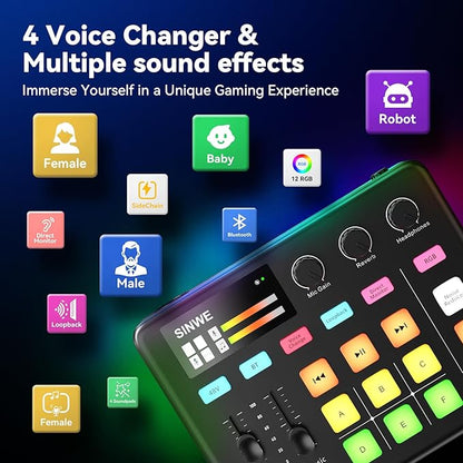 SINWE G1 Gaming Audio Mixer, RGB Audio Interface with Pro-preamp,Bluetooth, Streaming PC Mixer with XLR/48V Phantom Power for Live Streaming, Podcasting, Content Create, Gaming(White)