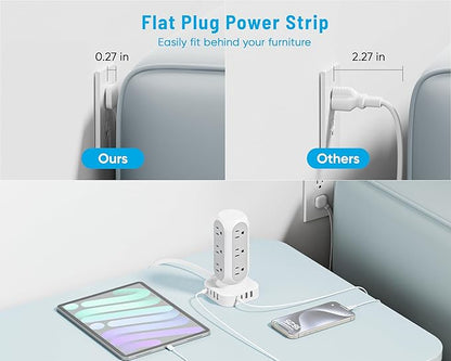 TenTrend 65W Fast Charging Station, Flat Plug Power Strip Tower with 12 AC Outlets & 8 USB Ports (2 PD USB-C Ports), 10FT Extension Cord, Compatible for MacBook Pro, iPhone Series.