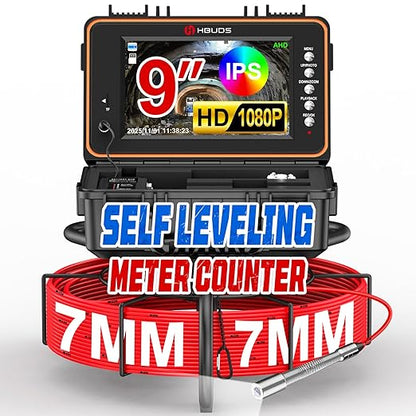 HBUDS Sewer Camera, Self Leveling Drain Camera 230ft with Meter Counter, 7mm Thick Cable, 9" HD Screen 1080P Plumbing Cameras Snake with Light, 5100mAh Battery Duct Pipe Video Inspection Cam DVR 32GB