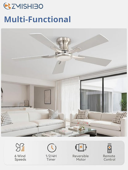 ZMISHIBO 42 Inch Ceiling Fan No Light, Flush Mount Low Profile, Modern Nickel Ceiling Fan Without Light, Remote Control & Quiet DC Motor, for Indoor&Outdoor, Bedroom, Living Room
