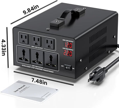 6000W Voltage Converter Transformer Step Up 110V/120V to220V/240V or Step Down 220V to 110V AC Power Converte, Circuit Breaker Protection, 3 US sockets, 3 Universal sockets, LCD Display