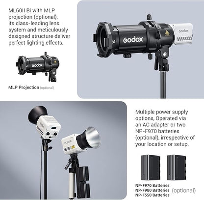 Godox ML60IIBi with Handheld Bracket, 70W Bi-Color LED Video Light, Handheld LED Light with Quiet Cooling Fan, Portable COB Continuous Output Lighting, 11 FX Effects 0-100% Brightness
