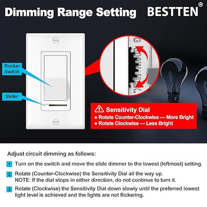BESTTEN 2 Pack Dimmer Light Switch, Universal Lighting Control, Single Pole or 3 Way, Compatible with LED Dimmable Lamp, CFL, Incandescent, Halogen Bulb, Decorator Wallplate Included, UL Listed, White