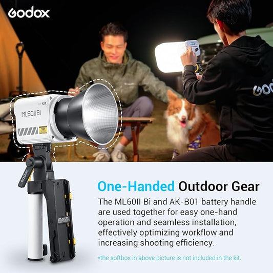 Godox ML60IIBi with Handheld Bracket, 70W Bi-Color LED Video Light, Handheld LED Light with Quiet Cooling Fan, Portable COB Continuous Output Lighting, 11 FX Effects 0-100% Brightness