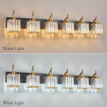 BBLLWJ Modern Black Gold 6 Light Bathroom Vanity Light Crystal Bathroom Light Fixtures Over Mirror