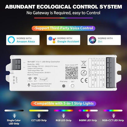 XXK WB5 WiFi PWM 12V/24V LED Controller with RC03RFB RF Remote Control 4-Zone Group, RGB RGBW RGBCCT Strip Lights Controller Kit Compatible with Alexa Google Home Smart Life Tuya APP Control