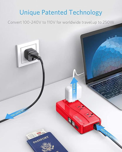BESTEK International Power Adapter 250W, 220V to 110V Step Down Travel Voltage Converter with 4-Port USB Including US/AU/EU/UK//India/South Africa Plug Adapter (Red)