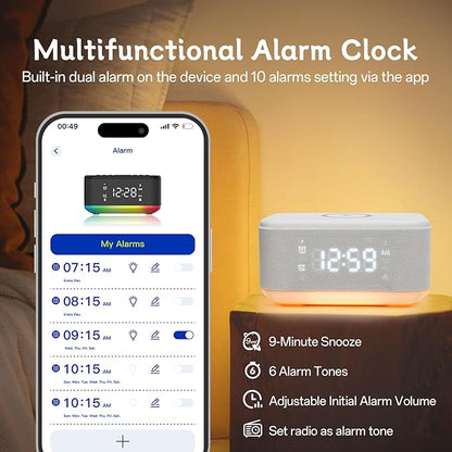 Bluetooth Alarm Clock Radio Bedroom, Digital Dual Alarm Clock Bedroom, Up to 10 Alarms Clock Night Light Speaker App/Button Control FM Charge Snooze Adjustable Brightness Dim 12/24H, White