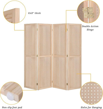 Bonnlo 4 Panel Pegboard Freestanding, 5 FT Portable Display Board Organizer for Craft Show Jewelry, Wooden Folding Privacy Screen Room Divider (Without Base, Natural)