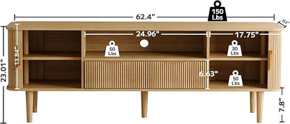 DAMCROP 62.4 Inch Fluted TV Stand, Modern Media Console Table with Sliding Tambour Door Farmhouse Sideboard Buffet Cabinet Fits TVs up to 75 inch, Wood Entertainment Center for Living Room(Oak)