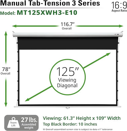 Elite Screens Manual Tab-Tension 3, 125-INCH with Extra 10" Drop, Pull Down Projector Screen Home Movie Gaming Presentations ISF Certified Premium CineWhite® P Material, MT125XWH3-E10
