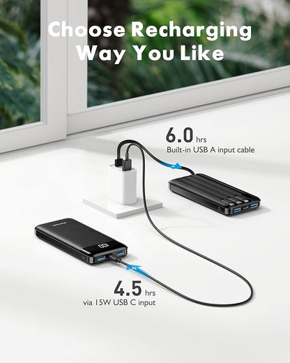 charmast Portable Charger with Built in Cables, Power Bank with Cords Wires, Slim 10000mAh Travel Battery Pack 6 Outputs 3 Inputs 3A Fast Charging for Samsung Google Pixel LG Moto iPhone iPad