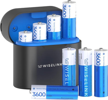 8-Pack Rechargeable AA Batteries Lithium with Charger, 1.5V 3600mWh High Capacity Double A Battery, Smart Charger for AA Lithium & NiMH, Long Lasting Li-ion AA Batteries, Recharge up to 2500+ Cycles