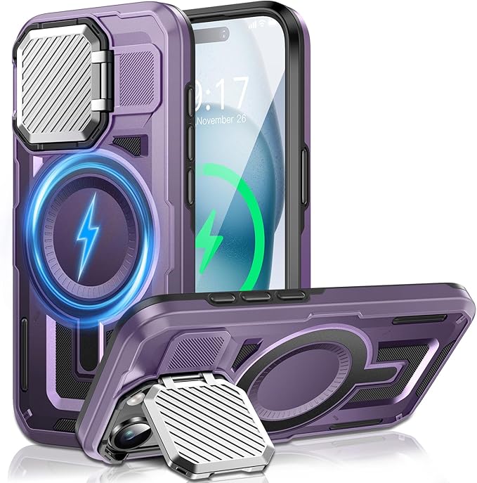 Camera Stand Case for iPhone 15, [Compatible with Mag Safe] [Lens Cover] 2024 Version Military Grade Protective Soft Case for iPhone 15 6.1 inch Men Women, Purple