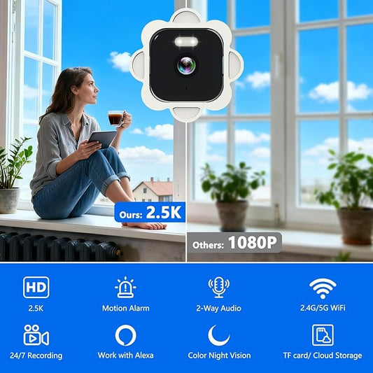 2.5K Window Camera, 5GHz & 2.4GHz Window Security Cameras with Color Night Vision, WiFi Camera with Motion Detection, Continuous Recording, Spotlight Siren, Real-Time Alerts, 2-Way Audio (White)