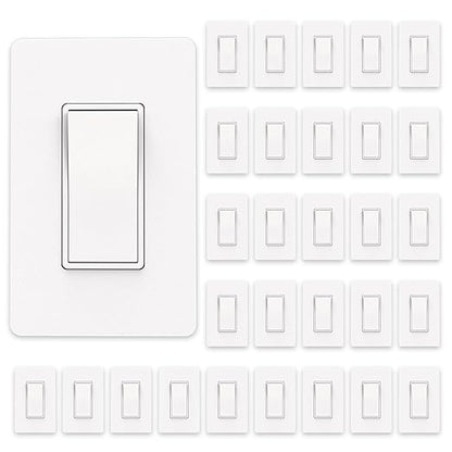 ThunderWay Matte White Single Pole Decorator Light Switch with Screwless Wall Plate, 15 A 120/277 V, ON/Off Rocker Paddle Interrupter, Self-Grounding, Residential Grade, UL Listed (30 Pack)