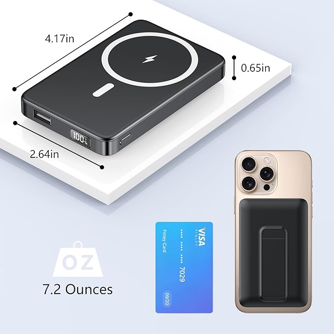 YUJE for Magsafe Battery Pack Magnetic Power Bank 10000mAh, Wireless Portable Charger with Foldable Stand Dual USB-C & USB-A Port Fast Charging Compatible with iPhone 16/15/14/13/12 Pro/Max/Plus