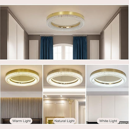 23.6" Gold LED 3 Color Remote Dimmable Modern Crystal Chandelier Round LED Crystal Ceiling Light Fixture Flush Mount Chandelier Ceiling Light with Crystals for Hallway Bedroom Kitchen Foyer (Gold)