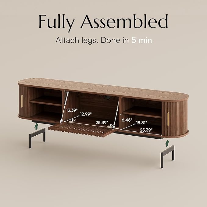 POVISON Mid Century Modern TV Stand for 65 inch TV, Sliding Door Entertainment Center with Storage, Wood TV Console, Media Console for Living Room Bedroom, Fully-Assembled (Walnut, 70.87")
