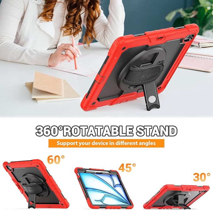 SEYMAC for iPad Air 13 Inch Case M3 2025/ M2 2024, Heavy Duty Shockproof Protective Case with Screen Protector, Rotating Stand, Hand/Shoulder Strap and Pen Holder for iPad Air 13, Red
