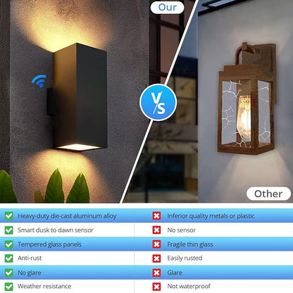 wowlite Outdoor Wall Light with Dusk to Dawn Sensor, 2700K Warm Light LED Up Down Sconce, Waterproof 13" Modern Square Matte Black Exterior Light Fixture Wall Mount for Porch Patio Garage, ETL Listed