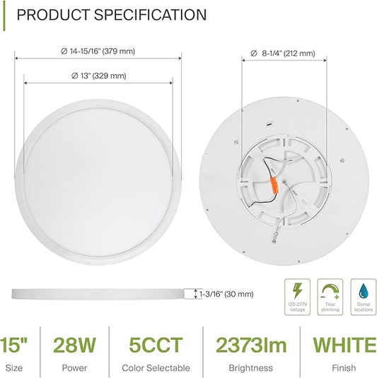 ASD LED 15" Round Flush Mount Ceiling Light Fixture, Low Profile Surface Lighting | 5CCT, Dimmable, Ultra-Thin, ETL Listed | 28W 2300LM 2700-6000K 100-277V | Kitchen, Bedroom, Hallway Lamp | White