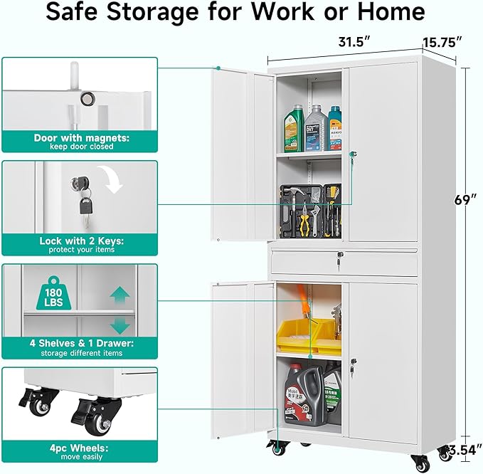 SISESOL White Metal Storage Cabinet with Wheels and Drawer,Rolling Garage Cabinet with Locking Doors and Adjustable Shelves,73" Mobile Tall Large Metal Cabinets for Home,Office,Garage,Shop