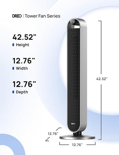 DREO Tower Fan for Bedroom, 42 Inch 120° Oscillating Fan, 25dB Quiet DC Motor, 28ft/s Velocity Bladeless Standing Fan with 12 Speeds, 4 Modes, 12H Timer Cooling Fans for Home, Living Room, Pilot Max S