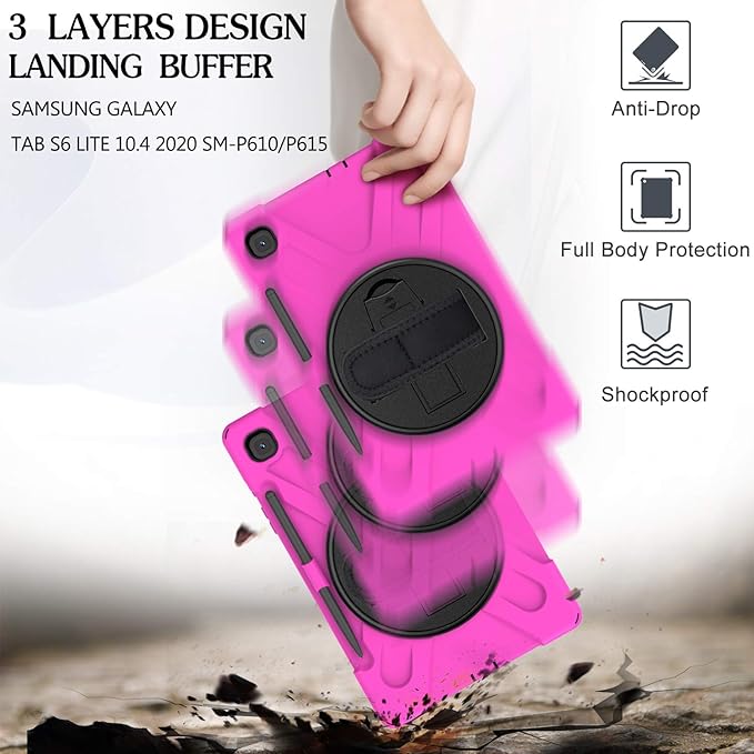 BRAECN for Samsung Galaxy Tab S6 Lite 10.4 Kids Case, Heavy Duty Rugged Cover with [Handle Hand Strap] [Shoulder Strap] [Kickstand] [S Pen Holder] for Galaxy Tab S6 Lite 2024/2022 SM-P610/P620-Rose