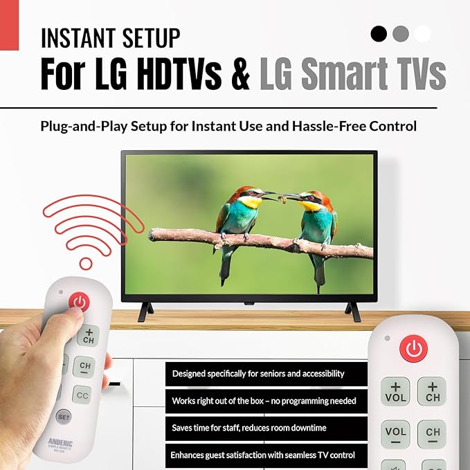 Anderic RR1004 Big Button TV Remote Control – Senior Friendly, Easy-to-use with Glow Keys, Simple Layout – Ideal for Elderly Care & Assisted Living – Compatible with Most IR TVs - White - 2 Pack