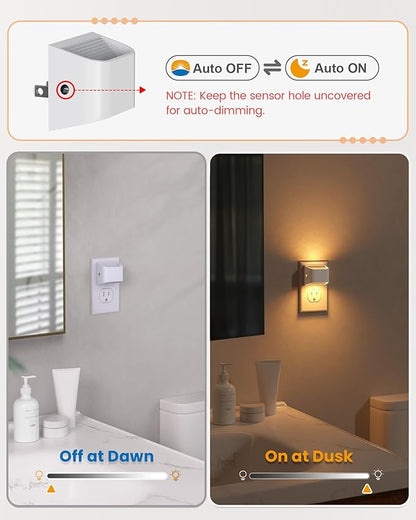 NIORSUN Plug in Night Light, Auto Brightness Sensor Night Light, 3000K Warm White, Ultra-Slim Wall Light for Hallway Bathroom Bedroom Stairs, White, 8 Pack