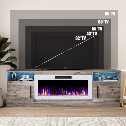 VITESSE TV Stand Fireplace with 36" inch Electric Fireplace Up to 80" TVs, LED Light Entertainment Center, 70" Modern Wood High Gloss with Highlight Storage Cabinet for Living Room (Gray)