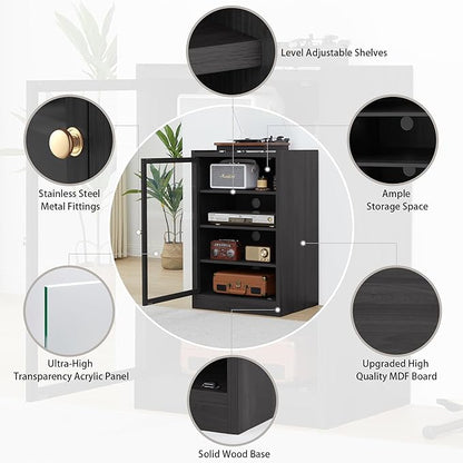 LEVNARY Media Cabinet with Door, Black 5-Tier Stereo Cabinet with Adjustable Shelves, AV Media Storage Shelf with Cable Management, Audio-Video Rack Stand for Living, Gaming, Recording Room (Black)