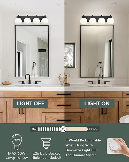 METWET Bathroom Light Fixtures, 4 Light Matte Black Vanity Light, 26 Inch Modern Wall Sconces with Globe Milk White Glass Shade, Vanity Lighting Fixtures Over Mirror, VL195-MB-ML-4