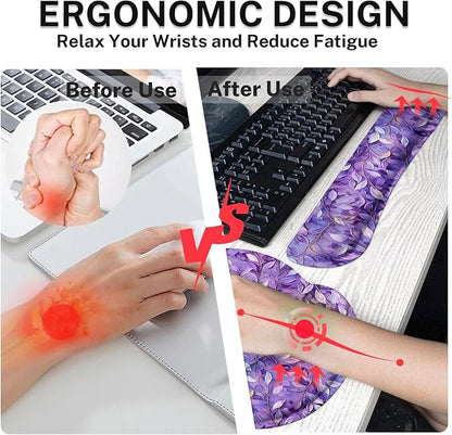 Britimes Purple Oil Painting Leaves Keyboard Mouse Pad Set Plant 4in1 Large Mousepad+Keyboard Wrist Rest+Mouse Wrist Rest+Coaster Ergonomic Design for Home Office Computer 35.4x15.7 inches